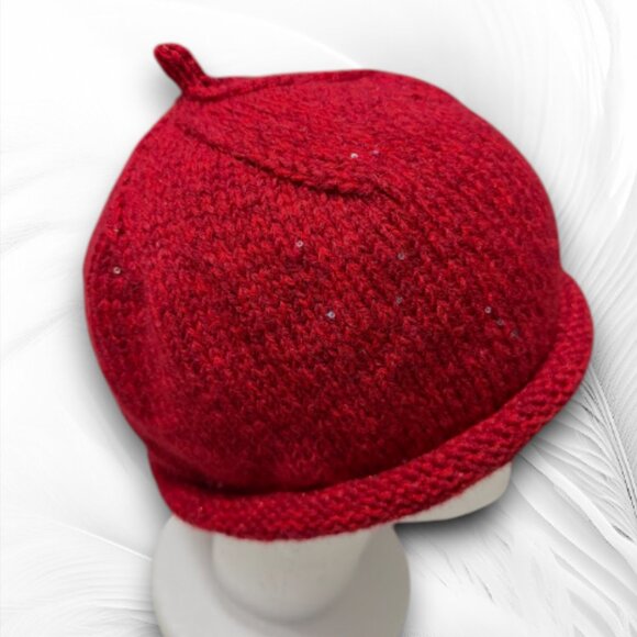 Handmade Red Knit Wool Blend Beanie With Rolled Brim